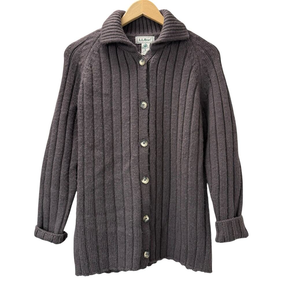 Vintage LL Bean Scotland Wool Cable Knit Cardigan Fisherman Sweater Brown S